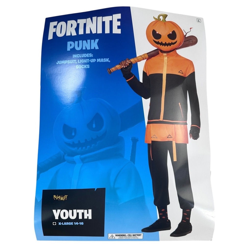 Fortnite Punk Jack O Lantern Costume Youth XL 14-16 Jumpsuit Mask Socks Light Up